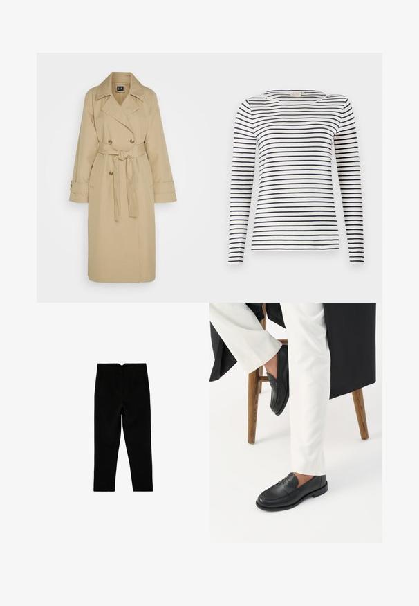 GAP ICON - Gabardina - khaki; Camisa de manga larga a rayas hecha de tela suave, con rayas horizontales en azul marino y blanco, escote redondo y un diseño ajustado.; Pantalones negros a medida hasta el tobillo con bolsillos laterales y pierna ligeramente entallada, mostrados extendidos sobre un fondo blanco.; Persona con mocasines de cuero negro y pantalones blancos sentada en un taburete de madera contra un fondo blanco.