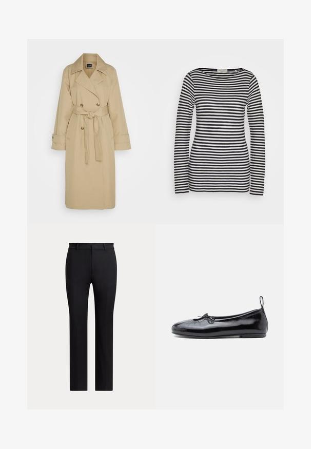 GAP ICON - Καμπαρντίνα - khaki; Μπλούζα με μακριά μανίκια από βαμβάκι, με οριζόντιες ναυτικές και λευκές ρίγες, στρογγυλή λαιμόκοψη, στενή εφαρμογή, με απαλή υφή και μίνιμαλ σχεδιασμό.; Μαύρο παντελόνι με ίσια γραμμή, θηλιές για ζώνη και στενή εφαρμογή, εμφανιζόμενο σε απλό ανοιχτό φόντο.; Μαύρο παλτό με κολλώδες δέρμα μπαλέτου, στρογγυλή μύτη, μικρή λεπτομέρεια φιόγκου και λεία υφή· έχει χαμηλή επίπεδη σόλα και θήκη στο τακούνι.