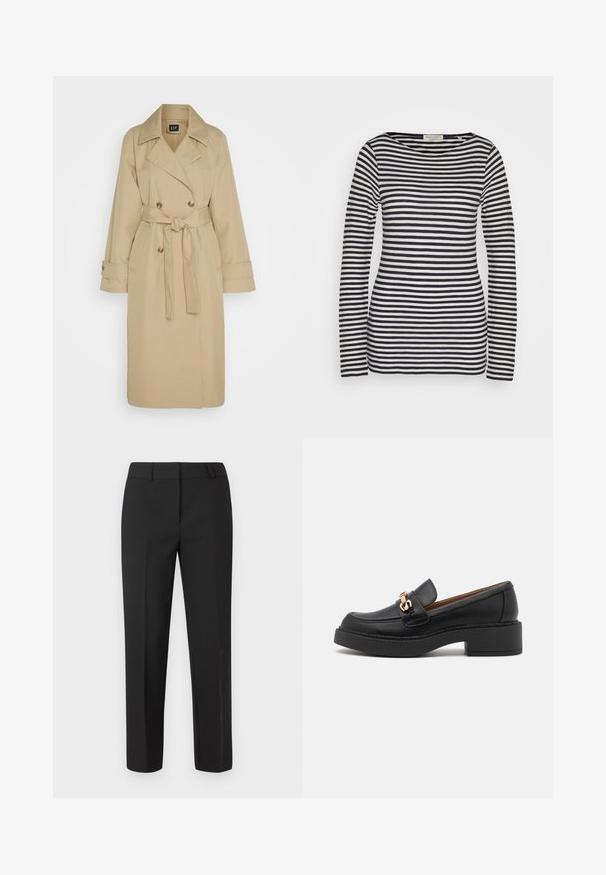 GAP ICON - Gabardina - khaki; Top de manga larga en algodón, con rayas horizontales en azul marino y blanco, cuello redondo, corte ajustado, con textura suave y diseño minimalista.; Pantalones negros a medida con corte recto, frente plano y sin adornos visibles. Fabricados con una tela lisa y de acabado nítido.; Mocasín de cuero negro con una suela plataforma gruesa, que presenta un adorno de cadena en tono dorado y detalles de costura visibles. Textura suave y diseño elegante.