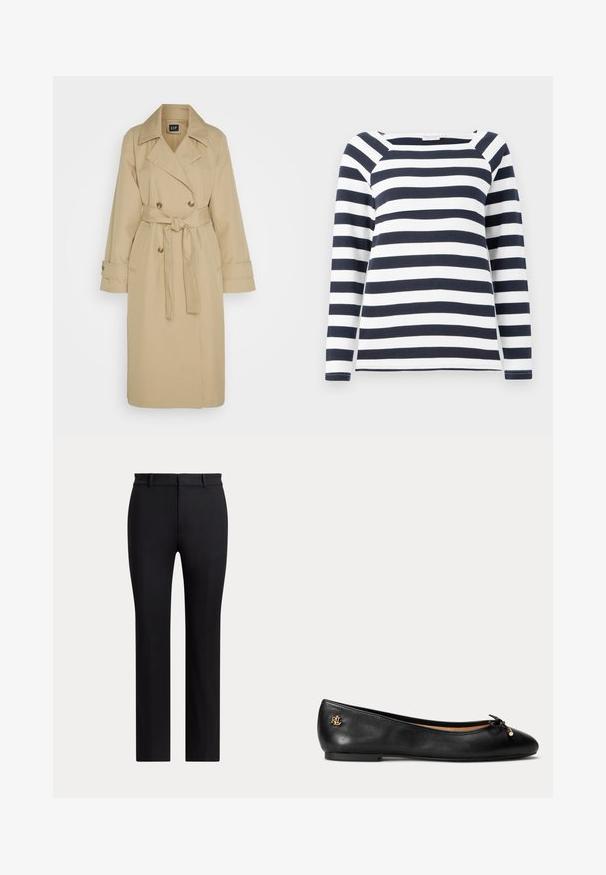 GAP ICON - Trench - khaki; TOM TAILOR STRIPED CARRE NECK - T-shirt à manches longues - lunar eclipse/off white; Pantalon noir à jambes droites avec passants de ceinture et coupe slim, présenté sur un fond clair uni.; Ballerine en cuir noir avec petit nœud et détail de logo doré au talon, semelle plate et bout arrondi.