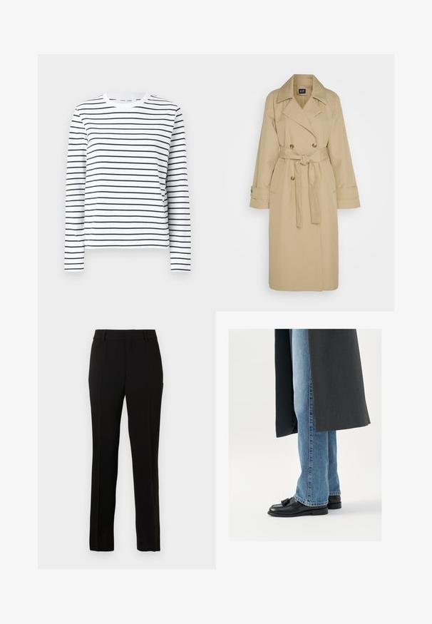 GAP ICON - Trenchcoat - khaki; Langærmet skjorte i hvid bomuld med sorte horisontale striber. Har en rund halsudskæring og en afslappet pasform. Ingen bemærkelsesværdige accenter eller mønstre.; Sorte skræddersyede bukser lavet af et glat materiale, med lige snit, pressefolder, bæltesløjfer og lynlås til lukning.; Sorte læderloafer med kvaster, båret med lyseblå lige ben jeans, suppleres af en mørkegrå frakke. Rene linjer og struktureret stof.