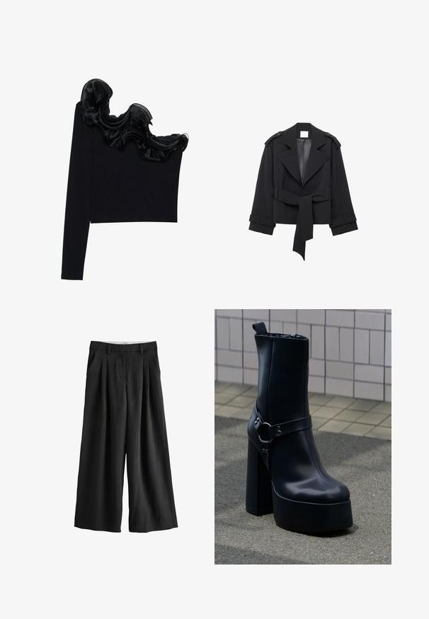 Zwart ingekort trenchcoat met brede revers, schouderepauletten, ceintuur in de taille en manchettenriemen, weergegeven op een witte achtergrond.; Zwarte tops met één schouder, voorzien van een ruffled doorzichtige overlay langs de halslijn, gemaakt van lichtgewicht stof met een gladde textuur.; Zwarte wijde broek met riemlussen, voorplooien en zijzakken, afgebeeld op een witte achtergrond.; Zwarte leren enkellaars met plateauzool, stevige hoge hak en decoratieve band, geplaatst op grijze bestrating tegen een achtergrond van betegelde muur.