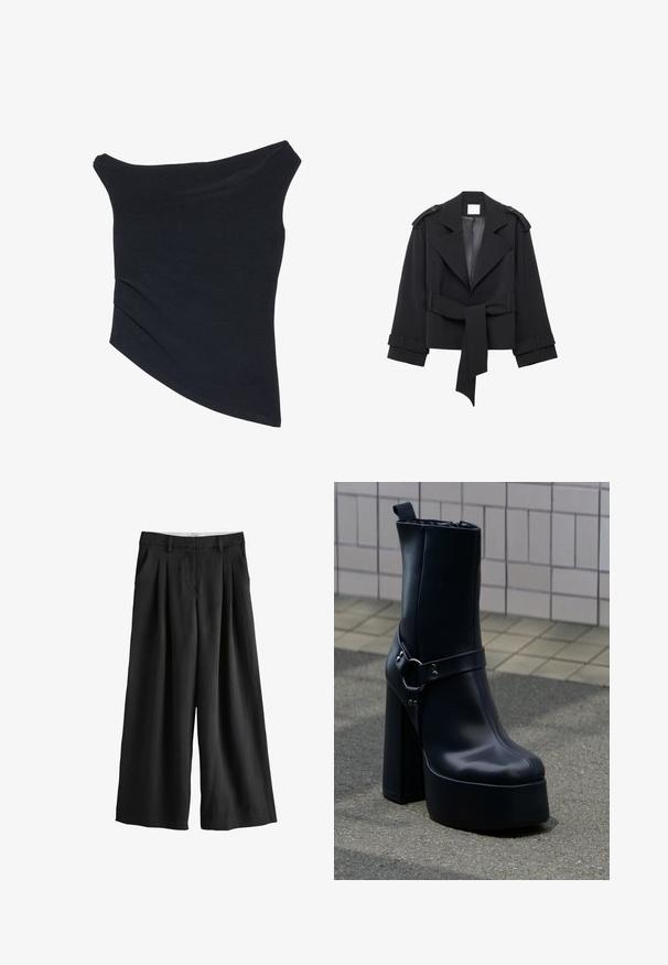 Gabardina corta negra con solapas anchas, hombreras, cintura ceñida con cinturón y correas en los puños, mostrada sobre un fondo blanco.; Top negro, con tirantes caídos, de diseño ajustado, con un dobladillo asimétrico y una textura suave y lisa. Presenta tela fruncida en el escote.; Pantalones anchos negros con pliegues en la cintura, trabillas para cinturón, bolsillos laterales y dobladillo recto.; Botín de plataforma con tacón alto y grueso de cuero negro y una correa decorativa, colocado sobre pavimento gris frente a una pared revestida con azulejos.