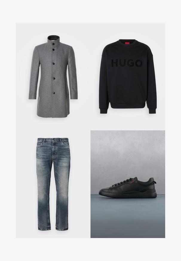 Grijze wollen jas met een hoge kraag, drie zwarte knopen en twee zijzakken. Heeft een visgraatpatroon en een gladde textuur.; Zwarte sweatshirt van zacht materiaal, met een ronde halslijn en lange mouwen. Het woord "HUGO" is prominent weergegeven in een glanzend zwart lettertype.; Blauwe denim jeans met een rechte pijp. Licht vervaagde gebieden, klassiek vijf-pocket ontwerp en een enkele metalen knoopsluiting bij de taille.; HUGO BLAKE - Sneakers laag - black