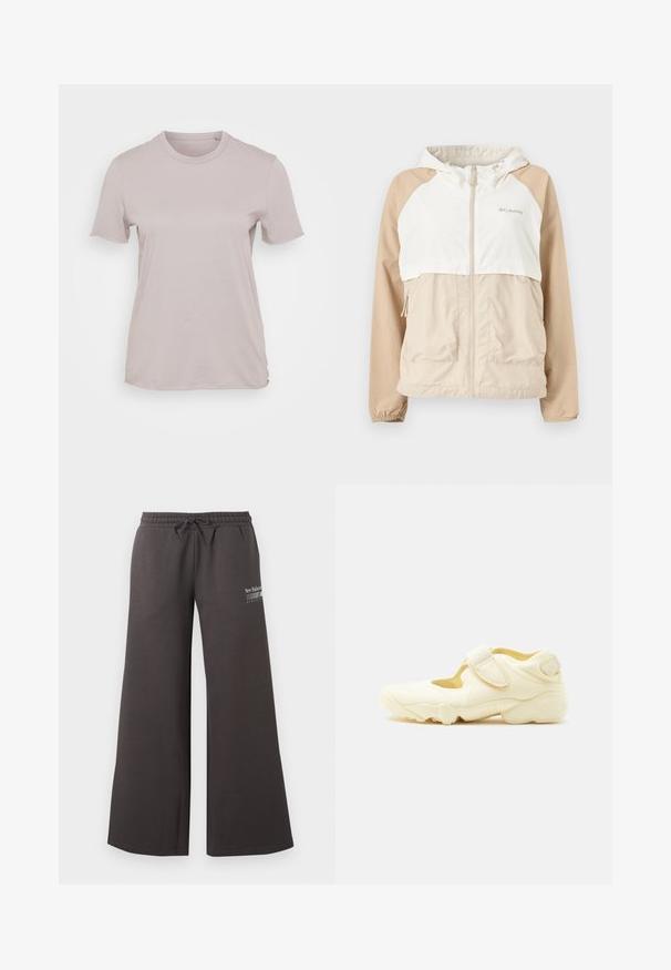 Lichtbeige en witte capuchonvest met ritssluiting, lange mouwen, voorzakken en Columbia-logo op de borst.; Lichtbeige T-shirt met korte mouwen van katoen, met een ronde halslijn en een losse pasvorm, met een gladde textuur en zonder zichtbare patronen.; Steenkoolkleurige joggingbroek met wijde pijpen, elastische tailleband, trekkoord en klein wit New Balance Athletics-logo op de rechterdij.; Beige sportschoen met dikke zool, uitsnijdingen en twee verstelbare klittenbandsluitingen op een witte achtergrond.