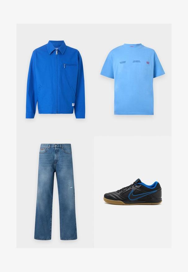 Herrenjacke in leuchtendem Blau mit Reißverschluss und Kragen, zwei Seitentaschen und einer Reißverschlusstasche auf der Brust, vor einfarbigem Hintergrund dargestellt.; Hellblaues Kurzarm-T-Shirt mit Rundhalsausschnitt, das kleine schwarze Schriftzüge "Engineered for Speed" und "Precision & Performance" sowie roten Schriftzug "On the Track" zeigt.; Blaue Jeans aus Denim mit geradem Bein, leichter Used-Optik am rechten Oberschenkel, Five-Pocket-Stil und Bund mit Knopfverschluss.; Schwarze Sportschuhe mit blauen Akzenten, strukturierter Synthetik-Oberfläche, Schnürverschluss und Gummisohle. Merkmale ein auffälliges Logo-Detail an der Seite.