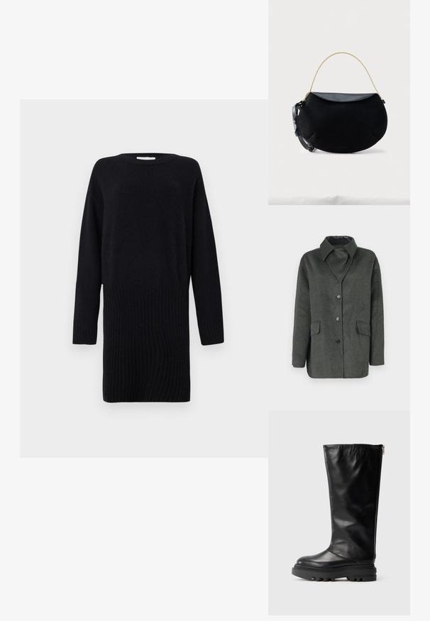 Grå uldblandet frakke med traditionel krave, to forlommer og knaplukning. Har en glat sort inderforing.; CLOSED CREW NECK MINI DRESS - Strikkjoler - black; Sort læder knæhøj støvle med en rund tå, kraftig gummisål og en lynlås på siden til lukning. Glat tekstur med minimal detaljer.; Sort halvåformet håndtaske med glat læderklap, gyldent kædehåndtag og justerbar sort læderrem på hvid baggrund.