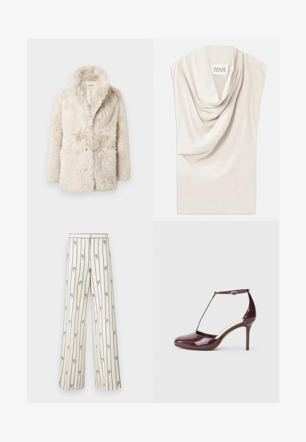 Faux fur crème-kleurige jas met een sjaalkraag, knoopsluiting en twee voorzakken; zachte textuur en pluizig uiterlijk.; Lichtbeige top met gedrapeerde halslijn, gemaakt van zachte stof. Heeft een subtiele glans en een brede, mouwloze ontwerp. Label leest "TOVE."; Brede broek gemaakt van crème stof met verticale donkere strepen en kleine blauwe bloemapplicaties verspreid over de stof. Heeft een tailleriem.; Bordeauxrode lakleren hoge hakken met puntige neus, enkelband gesp en T-band detail op een neutrale achtergrond.