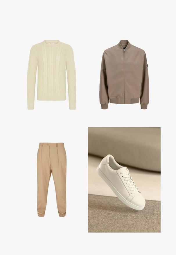 Beige bomberjakke med frontlynlås, ribbet krave, manchetter og kant, vist forfra på hvid baggrund.; Blend BHBASIM - Striktrøje - oyster gray; Beige skræddersyede bukser med læg, knaplukning, bæltestropper og tapered ben på en hvid baggrund.; Hvide lædersneakers med hvide snørebånd, præsenteret på en beige tekstureret overflade og med en blødt uskarp baggrund.
