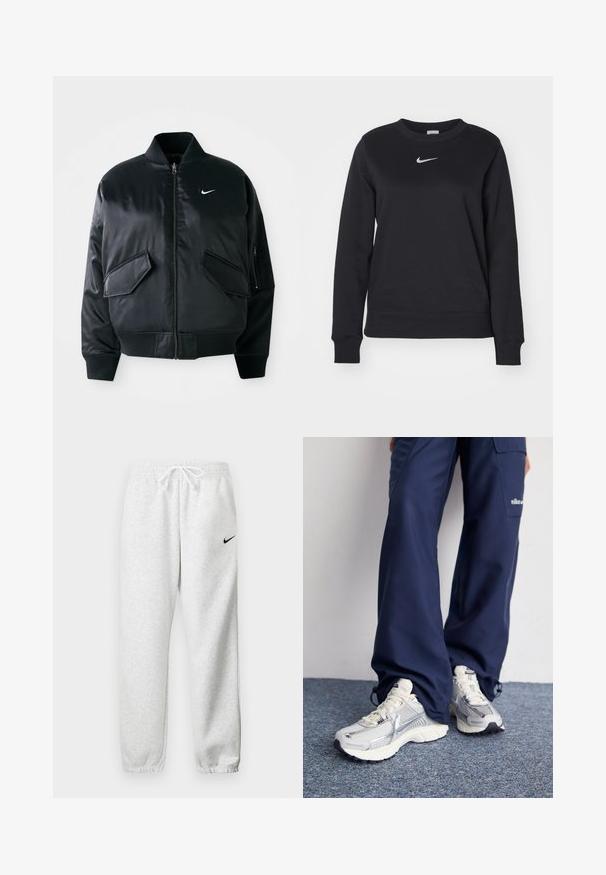 Veste bomber noire avec une finition satinée lisse, un col côtelé et deux poches à rabat à l'avant. Présente un petit logo blanc sur la poitrine.; Sweatshirt noir en mélange de coton, avec des poignets et un ourlet côtelés, un col rond et un logo Nike en argent sur la poitrine.; Pantalons de survêtement gris en tissu doux, dotés d'une taille élastique avec cordon de serrage et d'un petit logo Nike noir sur la cuisse gauche.; Baskets de sport Nike avec une tige en maille argentée, des accents blancs et des semelles texturées, associées à un pantalon marine ample.