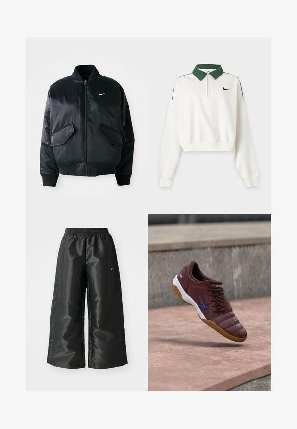 Schwarze Bomberjacke mit glatter Satin-Oberfläche, geripptem Kragen und zwei vorderen Klapptaschen. Besitzt ein kleines weißes Logo auf der Brust.; Weißes, kurz geschnittenes Sweatshirt mit langen Ärmeln, grünem Kragen, Frontreißverschluss, schwarzem Nike Swoosh-Logo auf der Brust und grünen Schulterstreifen.; Schwarze Sporthose aus glänzendem, glattem Stoff, mit einem elastischen Bund, weitem Bein und einem kleinen Logo auf der linken Seite.; Nike-Schuhe aus kastanienbraunem Leder mit blauen Akzenten, einem strukturierten Design, einer Gummisohle und einer kontrastierenden weißen Zwischensohle.