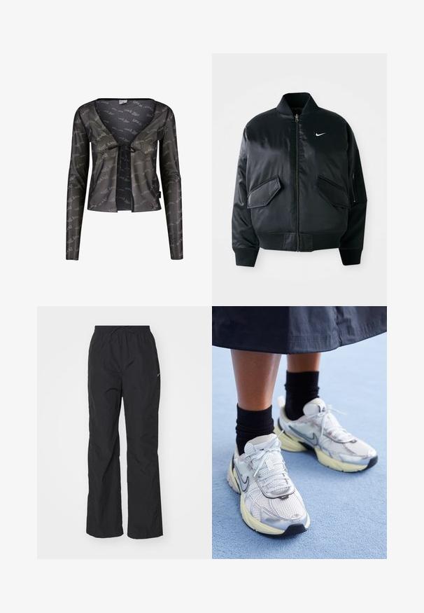 Chaqueta bomber negra con un acabado satinado suave, cuello de canalé y dos bolsillos frontales con solapa. Presenta un pequeño logo blanco en el pecho.; Cárdigan negro semitransparente con mangas largas, escote en V profundo, cierre atado y un patrón de logotipo "Karl Kani" en toda la prenda.; Pantalones negros ligeros con cintura elástica y cordón. Presentan un acabado texturizado y un pequeño logo reflectante en el costado.; Zapatillas Nike blancas y plateadas con tejido de malla, detalles reflectantes y una suela beige. Llevadas con calcetines negros, de pie sobre una superficie azul.