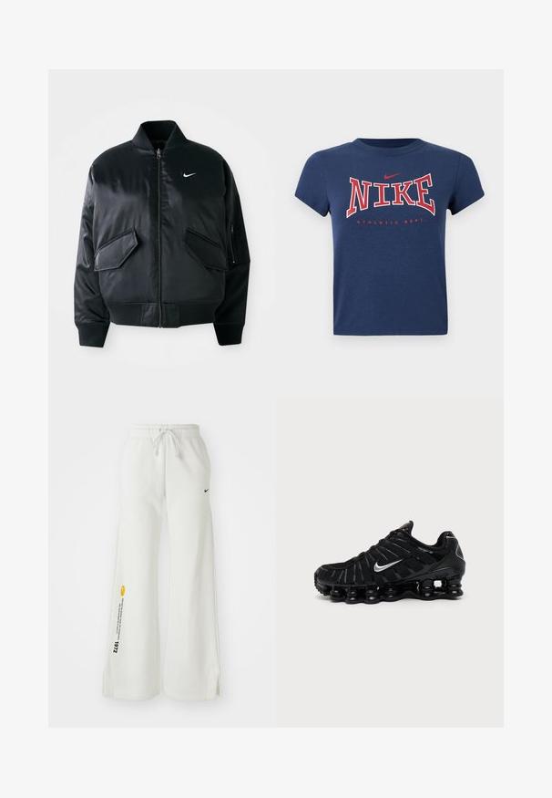 Schwarze Bomberjacke mit glatter Satin-Oberfläche, geripptem Kragen und zwei vorderen Klapptaschen. Besitzt ein kleines weißes Logo auf der Brust.; Marineblaues T-Shirt mit kurzen Ärmeln, auf dem in großen roten Buchstaben "NIKE" steht, darüber ein kleiner roter Nike-Swoosh, darunter "ATHLETIC DEPT.".; Weiße, weit geschnittene Sweatpants mit elastischem Bund, Kordelzug, seitlichen Schlitzen, schwarzem Nike-Logo und kontrastierendem gelbem Grafiktext.; Schwarzer Nike Sportschuh mit silbernem Swoosh-Logo, Mesh- und synthetischem Obermaterial und einer markanten segmentierten gepolsterten Sohle.