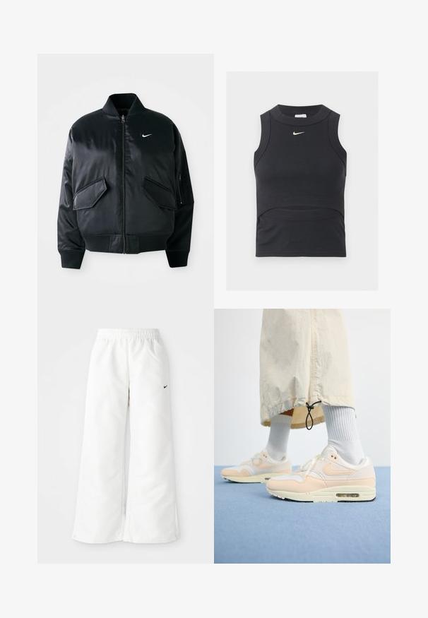 Schwarze Bomberjacke mit glatter Satin-Oberfläche, geripptem Kragen und zwei vorderen Klapptaschen. Besitzt ein kleines weißes Logo auf der Brust.; Schwarzes ärmelloses, kurzes Sporttop mit gerippter Struktur und weißem Nike Swoosh-Logo auf der Brust.; Weiße Sporthose mit weitem Bein, elastischem Bund und kleinem schwarzen Nike-Logo auf der linken Seite. Glattes, leichtes Material.; Leichte Nike Air Max 1 Sneaker verfügen über ein oberes Material in Weiß und sanftem Pfirsich, hergestellt aus Mesh und Leder, einer sichtbaren Luftpolsterung und einer strukturierten Sohle.