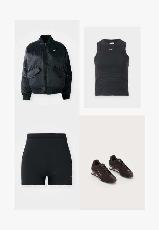 Schwarze Bomberjacke mit glatter Satin-Oberfläche, geripptem Kragen und zwei vorderen Klapptaschen. Besitzt ein kleines weißes Logo auf der Brust.; Schwarzes ärmelloses, kurzes Sporttop mit gerippter Struktur und weißem Nike Swoosh-Logo auf der Brust.; Schwarze Sportshorts aus glattem, elastischem Material, mit einem mittelhohen Bund und einem kleinen Nike-Logo auf der linken Seite.; Schwarze Sportschuhe mit einer strukturierten Oberseite, braunen Akzenten und einer lila luftgepolsterten Sohle. Schnürdesign mit auffälliger Markenkennzeichnung.