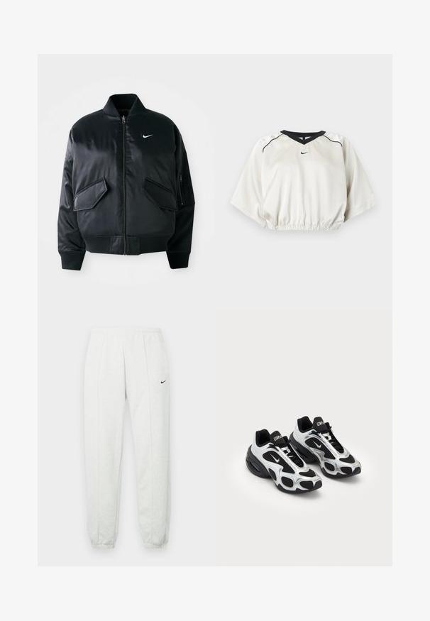 Chaqueta bomber negra con un acabado satinado suave, cuello de canalé y dos bolsillos frontales con solapa. Presenta un pequeño logo blanco en el pecho.; Top deportivo corto blanco con ribete en V negro, cintura elástica, mangas cortas y anchas y pequeño logo negro de Nike en el centro delantero.; Pantalones deportivos Nike de color gris claro con una cintura elástica, puños ajustados y un pequeño logo negro en el muslo izquierdo. Tela suave y texturizada.; Zapatos deportivos negros y plateados con parte superior de malla y sintético, que presentan un diseño ondulante distintivo y un collar acolchado, con amortiguación de aire en la suela.