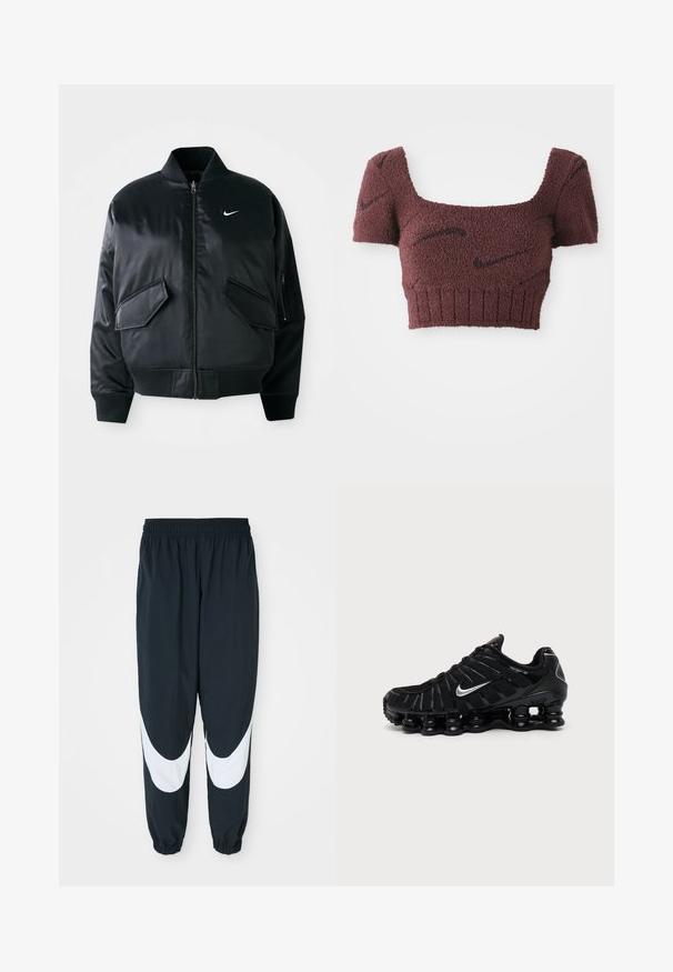 Chaqueta bomber negra con un acabado satinado suave, cuello de canalé y dos bolsillos frontales con solapa. Presenta un pequeño logo blanco en el pecho.; Top corto en malva con una tela texturizada, escote cuadrado, mangas cortas y dobladillo acanalado, con sutiles patrones oscuros en toda la prenda.; Pantalones deportivos negros con paneles curvados blancos, cinturilla elástica y puños fruncidos, fabricados con tejido ligero y un corte relajado.; Zapatilla deportiva negra Nike con logo Swoosh plateado, parte superior de malla y material sintético, y suela acolchada segmentada distintiva.