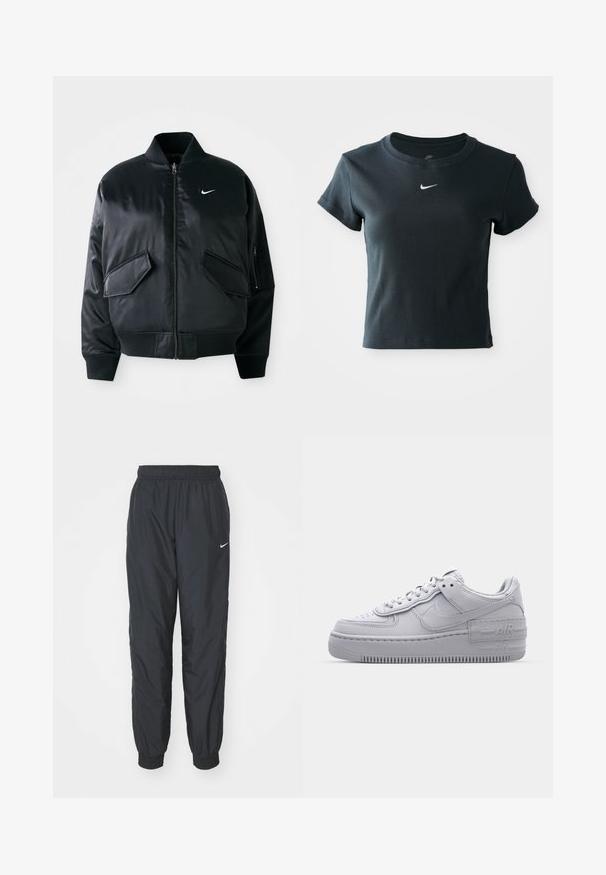 Chaqueta bomber negra con un acabado satinado suave, cuello de canalé y dos bolsillos frontales con solapa. Presenta un pequeño logo blanco en el pecho.; Camiseta de manga corta negra, ajustada y de canalé, hecha de tela suave, con un pequeño logo de Nike en blanco en el pecho.; Pantalones de chándal negros de Nike hechos de un tejido ligero, con una cinturilla y puños elásticos, y un pequeño logo blanco en la pierna izquierda.; Zapatilla Nike Air Force 1 gris con puntera perforada, parte superior de cuero suave, suela gruesa y detalle en relieve 'AIR' en el talón.