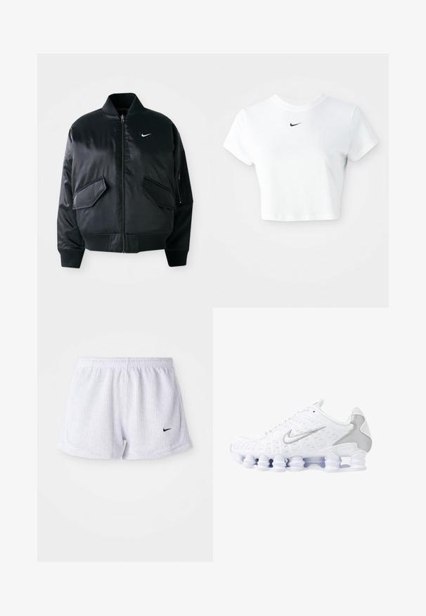 Veste bomber noire avec une finition satinée lisse, un col côtelé et deux poches à rabat à l'avant. Présente un petit logo blanc sur la poitrine.; T-shirt blanc court en coton, avec des manches courtes et un col rond, orné d'un logo Nike noir sur la poitrine.; Shorts de sport blancs à côtes avec une taille élastique et un petit logo Nike noir en bas à gauche. Design simple et minimaliste.; Baskets de sport blanches avec tige en mesh, accents argentés et un design de semelle en spirale unique. Comprend un collier rembourré et un système de laçage pour un ajustement parfait.