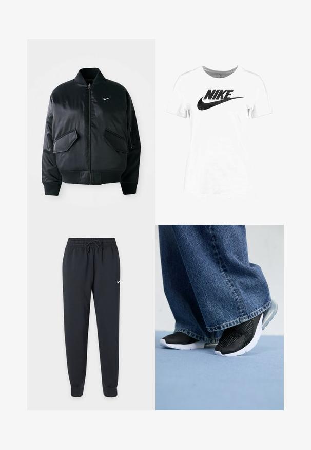 Čierna bomber bunda so hladkým saténovým povrchom, rebrovaným golierom a dvoma prednými vreckami s klapkami. Na hrudi sa nachádza malé biele logo.; Nike Sportswear TEE ICON FUTURA - Tričko s potlačou - white/black; Čierne tepláky Nike s elastickým pásom a šnúrkou, zúžené nohavice, lemovanie na členkoch a malý biely Nike znak na pravom stehne.; Čierne športové topánky s priehľadnou štruktúrou, bielou podrážkou a viditeľným vzduchovým odpružením, spárované s modrými džínsami s širokými nohavicami.