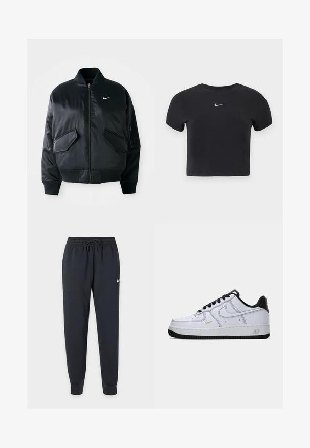 Zwarte bomberjack met een gladde satijnen afwerking, geribbeld kraag en twee voorste klepzakken. Kenmerkt zich door een klein wit logo op de borst.; Zwart cropped t-shirt van katoen, met een ronde hals en korte mouwen. Opvallend wit Nike-logo op de borst.; Zwarte Nike sweatpants met elastische tailleband en trekkoord, taps toelopende pijpen, geribbelde enkels en een kleine witte Nike-swoosh op de rechterdij.; Witte lage Nike Air Force 1 sneaker met zwarte zool, zwarte veters, zwarte hiel en kleine gouden swoosh aan de zijkant.