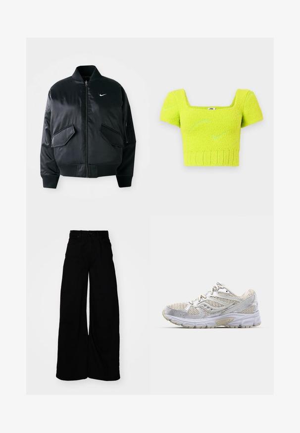 Čierna bomber bunda so hladkým saténovým povrchom, rebrovaným golierom a dvoma prednými vreckami s klapkami. Na hrudi sa nachádza malé biele logo.; Krátky rukáv cropped top z nadýchaného neónovožltého materiálu s štvorcovým výstrihom, ribbovaným lemom a jemnými vzorovými akcentmi.; Široké čierne džínsové nohavice s vysokým pásom, ktoré majú pútka na opasok, päť vreciek a čistý, textúrovaný povrch.; Ľahká bežecká obuv s bielou sieťovinou a striebornými akcentmi, polstrovanou podrážkou a štruktúrovanou gumovou podrážkou pre lepšiu priľnavosť.