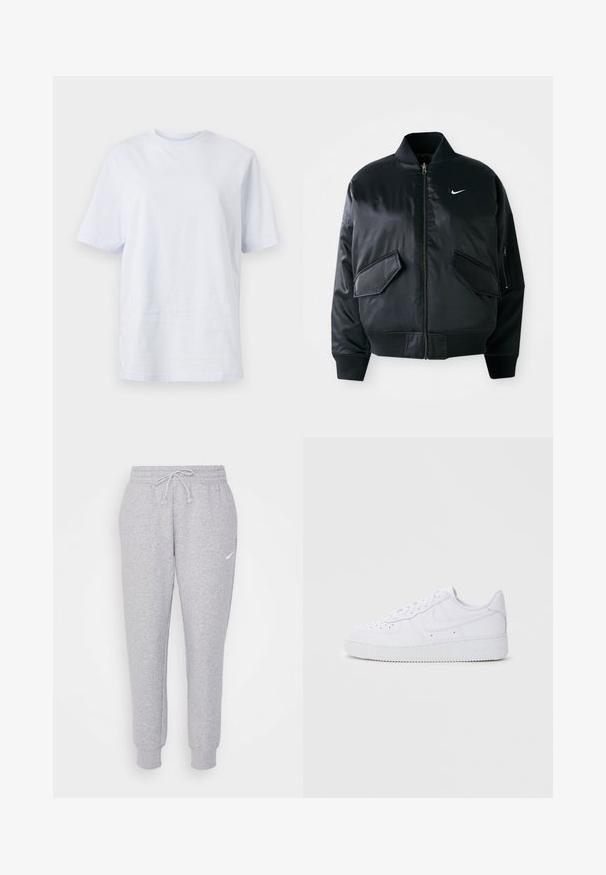 Chaqueta bomber negra con un acabado satinado suave, cuello de canalé y dos bolsillos frontales con solapa. Presenta un pequeño logo blanco en el pecho.; Camiseta blanca de algodón con mangas cortas, escote redondo y un pequeño logo situado cerca del cuello. Tejido suave, corte holgado.; Pantalones de chándal de color gris claro con cintura ajustable, piernas ajustadas y un pequeño logo blanco en el muslo izquierdo. Hechos de una tela suave y texturizada.; Zapatillas Nike Air Force 1 blancas con parte superior de cuero, puntera redonda, cierre de cordones, cuello acolchado y suela de goma texturizada.