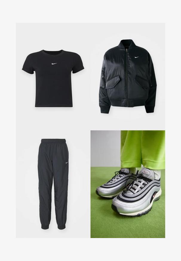 Chaqueta bomber negra con un acabado satinado suave, cuello de canalé y dos bolsillos frontales con solapa. Presenta un pequeño logo blanco en el pecho.; Camiseta negra de manga corta hecha de algodón con un cuello redondo. Presenta un logo blanco de Nike en el pecho, diseño minimalista y forma ajustada.; Pantalones de chándal negros de Nike hechos de un tejido ligero, con una cinturilla y puños elásticos, y un pequeño logo blanco en la pierna izquierda.; Las zapatillas Nike Air Max 97 en plata y negro cuentan con un diseño ondulado, materiales de malla y cuero, cordones negros y un logo de acento en rosa.