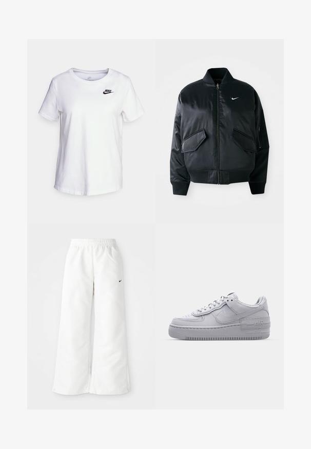 Schwarze Bomberjacke mit glatter Satin-Oberfläche, geripptem Kragen und zwei vorderen Klapptaschen. Besitzt ein kleines weißes Logo auf der Brust.; Weißes Baumwoll-T-Shirt mit Rundhalsausschnitt und kurzen Ärmeln. Mit einem schwarzen Nike-Logo auf der oberen linken Brustseite.; Weiße Sporthose mit weitem Bein, elastischem Bund und kleinem schwarzen Nike-Logo auf der linken Seite. Glattes, leichtes Material.; Graue Nike Air Force 1 Sneaker mit perforierter Zehenpartie, Obermaterial aus glattem Leder, dicker Sohle und geprägtem 'AIR'-Detail an der Ferse.