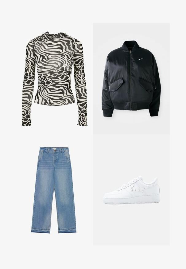 Chaqueta bomber negra con un acabado satinado suave, cuello de canalé y dos bolsillos frontales con solapa. Presenta un pequeño logo blanco en el pecho.; Blusa de manga larga con cuello alto, que presenta un diseño de estampado de cebra en blanco y negro sobre un tejido transparente. Acentos con volantes en el escote y los puños.; Jeans de pierna ancha de cintura alta en azul claro con cierre de botón, bolsillos frontales, pasadores para cinturón y un sutil desgaste.; Zapatilla blanca Nike Air Force 1 con detalle de Swoosh tachonado y suela gruesa, mostrada sobre un fondo liso gris claro.