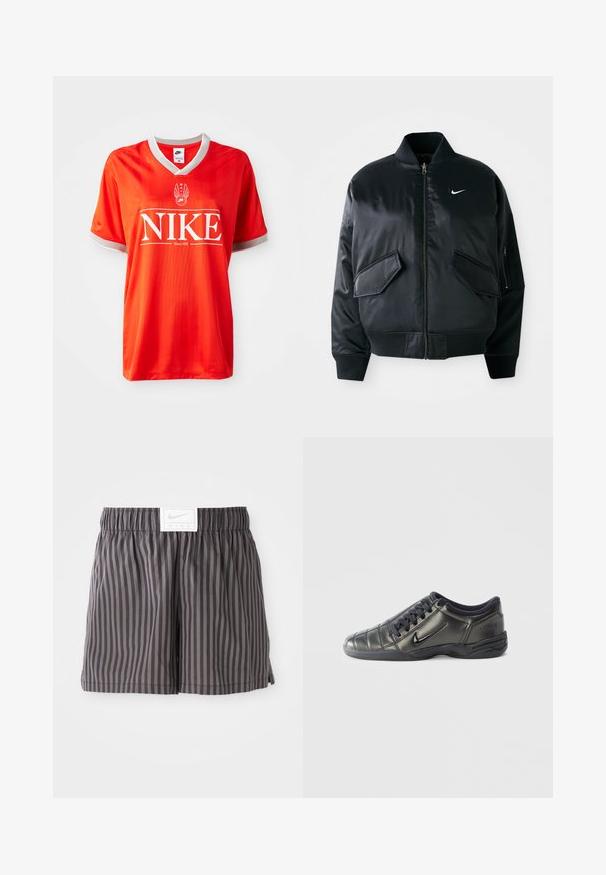 Veste bomber noire avec une finition satinée lisse, un col côtelé et deux poches à rabat à l'avant. Présente un petit logo blanc sur la poitrine.; Maillot Nike rouge avec un col en V, bord gris sur les manches, et un grand logo "NIKE" blanc. Tissu lisse et léger avec un motif rayé subtil.; Shorts rayés gris en tissu léger, dotés d'une taille élastique et d'une étiquette blanche avec le logo Nike à l'avant.; Baskets Nike basses noires avec des lacets, des détails cousus et une semelle texturée sur un fond blanc uni.