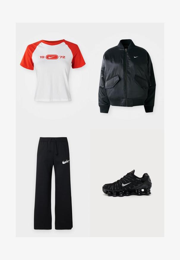 Chaqueta bomber negra con un acabado satinado suave, cuello de canalé y dos bolsillos frontales con solapa. Presenta un pequeño logo blanco en el pecho.; Camiseta de Nike con cuerpo blanco y mangas raglán rojas. Presenta "1972" y un logo en rojo en el pecho. Fabricada con tela de jersey suave.; Pantalones de chándal negros de material suave, con una cintura elástica con cordón y un logo blanco de Nike en el lado izquierdo.; Zapatilla deportiva negra Nike con logo Swoosh plateado, parte superior de malla y material sintético, y suela acolchada segmentada distintiva.
