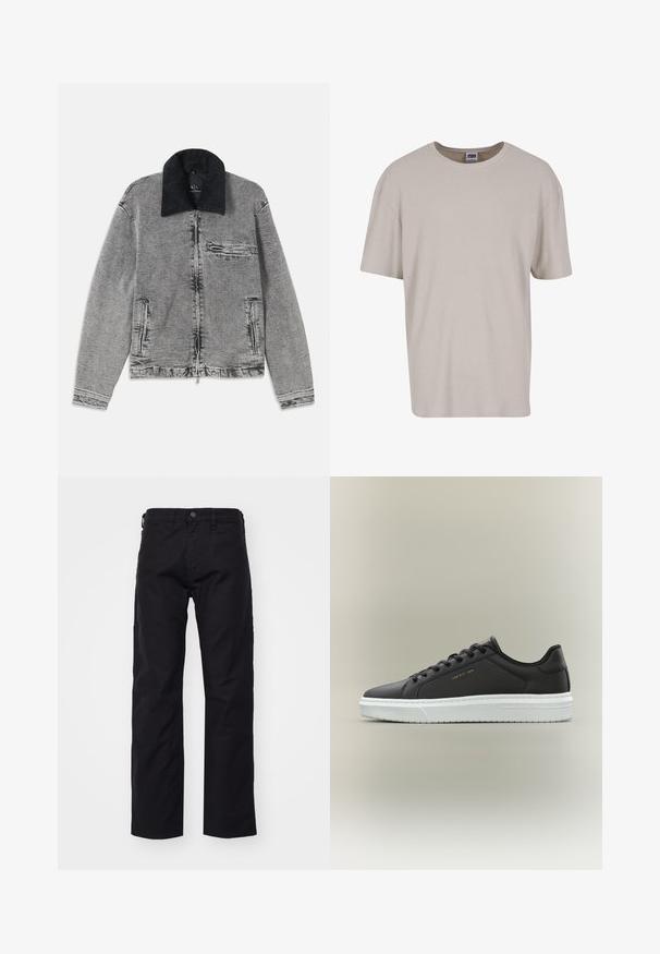 Grijze spijkerjas met een zwarte ribkraag, ritsluiting, één borstzak en twee zijzakken. Getextureerde stof met subtiele vervaging.; Lichtbeige t-shirt met korte mouwen, gemaakt van gestructureerde stof, met een ronde halslijn en een losse pasvorm. Geen zichtbare patronen of hardware.; Zwarte canvasbroek met een rechte pijp, voorzien van een voorste knoopsluiting, riemlussen en zijzakken. De textuur is soepel en duurzaam.; Zwarte leren lage sneaker met witte zool, zwarte veters en "GAP EST. 1969" in goud reliëf aan de zijkant en op de zool.