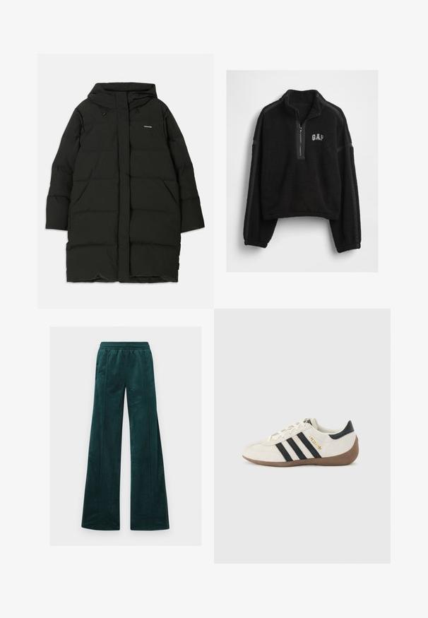Doudoune noire avec capuche, de coupe droite, dotée de poches avant et d'une texture lisse. Logo embossé sur la poitrine.; Polaire noire à enfiler avec un demi-zip, panneaux latéraux en tissu contrasté et un petit logo "GAP" sur la poitrine. Texture douce, coupe décontractée.; Pantalons larges teal en velours doux, avec une taille élastique et des coutures verticales. Pas de poches visibles.; Baskets blanches Adidas avec des rayures noires, une semelle texturée marron, et le lettrage doré "SPEZIAL" sur le côté, vues du côté extérieur.