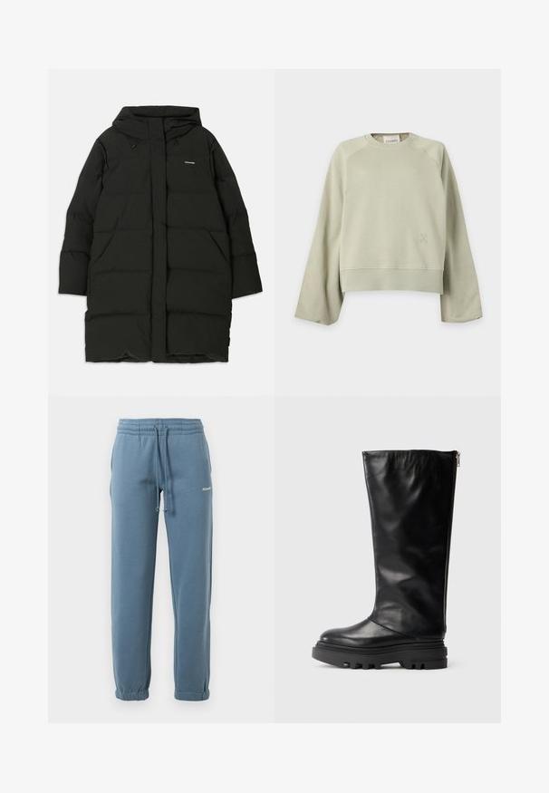 Doudoune noire avec capuche, de coupe droite, dotée de poches avant et d'une texture lisse. Logo embossé sur la poitrine.; Sweat-shirt beige clair à col rond, manches longues et larges, poignets et ourlet côtelés, et petit logo discret sur le bas avant gauche.; Pantalons joggers bleu à taille élastique avec cordon de serrage ajustable, poches latérales, poignets élastiques et petit logo blanc sur la cuisse gauche.; Botte noire en cuir, hauteur genou, avec un bout arrondi, semelle en caoutchouc épaisse et fermeture par zipper latéral. Texture lisse avec un minimum de détails.