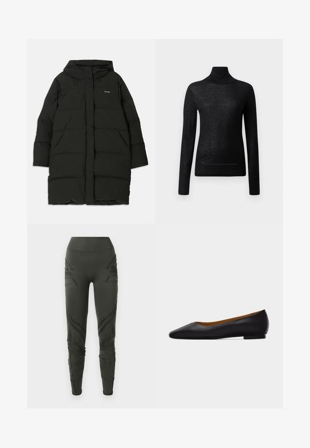 Schwarze Daunenjacke mit Kapuze, gerader Schnitt, Fronttaschen und glatter Textur. Geprägtes Logo auf der Brust.; Schwarzes Langarm-Turtleneck-Oberteil aus leichtem Stoff, mit taillierter Passform und minimalen Nahtdetails, ideal zum Lagenlook.; Dunkelgrüne Leggings aus dehnbarem Stoff mit strukturierten Mustern und detaillierten Nähten entlang der Seiten und Knöchel, ausgestattet mit einem hohen Bund.; Schwarzer flacher Schuh aus Leder mit spitz zulaufender Vorderkappe, niedrigem Absatz und glatter Oberfläche, von der Seite vor einem hellgrauen Hintergrund dargestellt.
