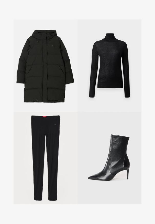Schwarze Daunenjacke mit Kapuze, gerader Schnitt, Fronttaschen und glatter Textur. Geprägtes Logo auf der Brust.; Schwarzes Langarm-Turtleneck-Oberteil aus leichtem Stoff, mit taillierter Passform und minimalen Nahtdetails, ideal zum Lagenlook.; Schwarze Leggings aus glattem Stoff, mit einem hohen Bund und dezentem Branding auf der Vorderseite. Die Leggings haben eine schmale, figurbetonte Passform.; Schwarze Stiefeletten aus glattem Leder, mit einer spitzen Zehe, schmalem Schaft und schlanker, hoher Ferse. Minimalistisches Design ohne sichtbare Beschläge.