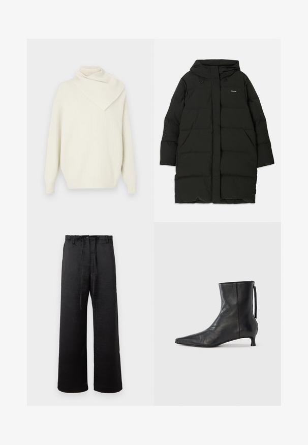 Doudoune noire avec capuche, de coupe droite, dotée de poches avant et d'une texture lisse. Logo embossé sur la poitrine.; Pull en tricot côtelé crème avec un col asymétrique drapé et des manches longues, offrant une coupe décontractée et une texture douce.; Pantalons larges noirs en tissu lisse et léger, présentant une fermeture à bouton, des passants de ceinture et une taille à cordon.; Bottine en cuir noir à bout pointu, forme structurée et petit talon. Dispose d'une fermeture éclair latérale et d'un design minimaliste.