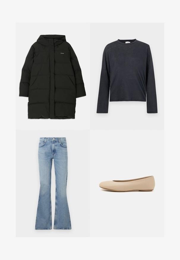 Sort pufferjakke med hætte, med lige snit, frontlommer og en glat tekstur. Prægede logo på brystet.; Mørkegrå, langærmet, cropped t-shirt lavet af et let, let tekstureret stof. Har en rund halsudskæring og løstsiddende pasform.; Lys blå, flagrende jeans lavet af denim, med høj talje, fem-lomme-design og subtil falming i hele stoffet.; Beige læder balletflade med afrundet tå, minimal sømdetaljering, lav hæl og subtilt logo på bagsiden. Glat, mat tekstur.