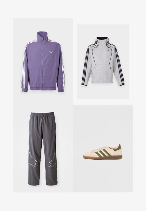 Chaqueta morada con cremallera y cuello alto, detalles de tres rayas blancas en las mangas y pequeño logo blanco en el pecho izquierdo. Material de poliéster.; Sudadera con capucha Adidas gris claro con rayas negras en las mangas, ribetes negros, bolsillos con cremallera y logo adidas Trefoil en el pecho.; Pantalones deportivos grises para hombre con cintura elástica, bolsillos con cremallera y acentos reflectantes blancos en los laterales. Textura ligera y suave.; Zapatilla Adidas Spezial beige de perfil bajo con rayas verdes, suela de goma y la marca "SPEZIAL" en el lateral, vista desde el lado exterior.