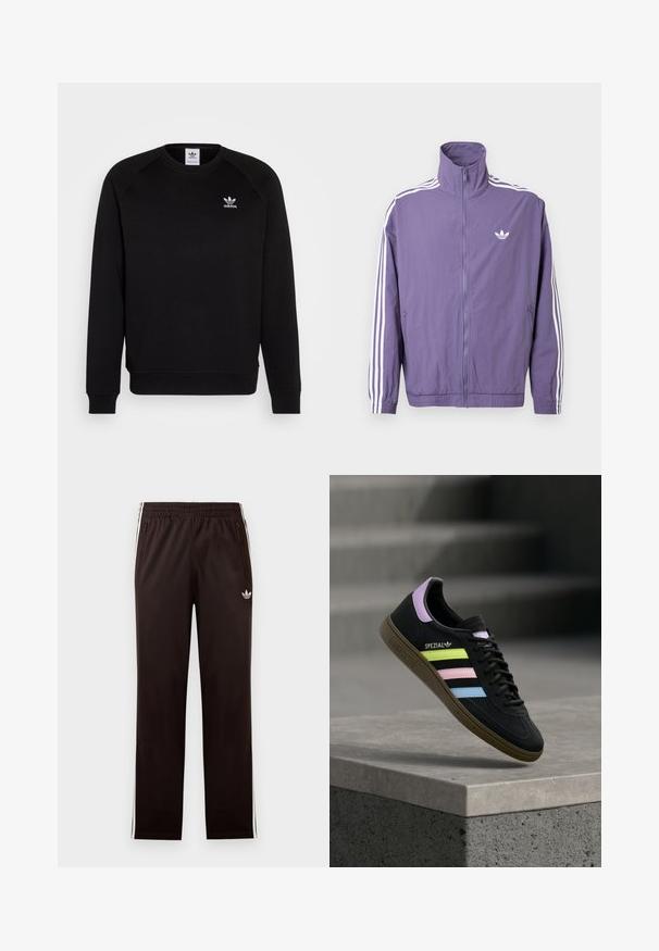 Lila Jacke mit Reißverschluss und hohem Kragen, weiße Drei-Streifen-Akzente an den Ärmeln und kleines weißes Logo auf der linken Brust. Material: Polyester.; Schwarzer Sweatshirt mit Raglanärmeln, Rundhalsausschnitt und gerippten Bündchen. Verfügt über ein kleines, weißes Adidas-Logo auf der Brust. Weicher Stoff.; Schwarze Adidas-Trainingshose mit elastischem Bund, weißen Seitenstreifen, Reißverschlusstaschen und kleinem Trefoil-Logo am linken Oberschenkel.; Schwarzer Adidas Spezial Sneaker mit pastellgelben, pinken und blauen Streifen, lavendelfarbenem Fersenlaschen und brauner Sohle, schwebend über einer Betonkante.
