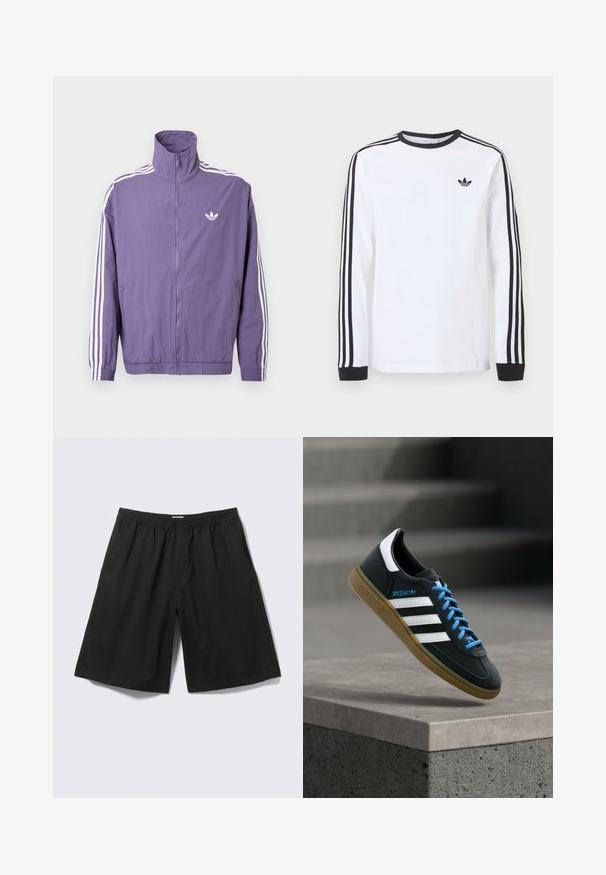 Purple zip-up jacket with high collar, white three-stripe accents on sleeves, and small white logo on the left chest. Polyester material.; White long-sleeve Adidas shirt with black crew neck, black cuffs, three black stripes down sleeves, and black trefoil logo on chest.; Black loose-fit shorts with elastic waistband and side pockets, displayed on a light gray background.; Black Adidas sneaker with white stripes, blue laces, and gum sole floating above gray concrete step in soft light.