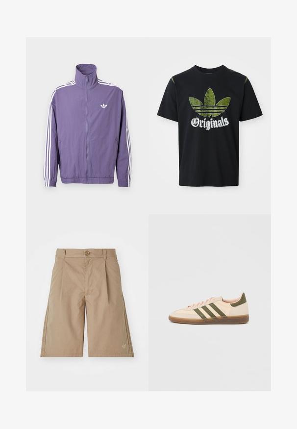 Lilla lynlåstrøje med høj krave, hvide tre-stribe accenter på ærmerne og lille hvidt logo på venstre bryst. Polyester materiale.; Sort bomulds T-shirt med et slidt grønt grafik med tre striber og ordet "Originals" nedenfor i hvidt, rund halsudskæring, korte ærmer.; Beige bomulds shorts med lige snit, frontfald og en enkelt knaplukning. Har et diskret logo på den nederste venstre side.; Beige Adidas Spezial sneaker med lav profil, grønne striber, gummisål og "SPEZIAL"-branding på siden, vist fra ydersiden.