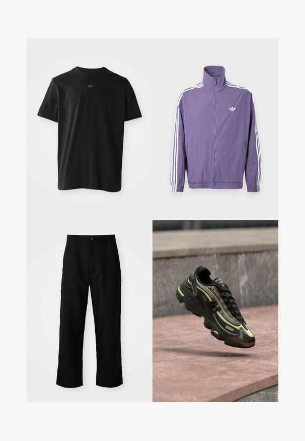 Fialová bunda na zips s vysokým golierom, biele trojpruhové ozdoby na rukávoch a malé biele logo na ľavej strane hrude. Materiál polyester.; Čierne tričko s krátkym rukávom so malým, centrovaným logom Adidas trefoil na hrudi, vystavené na obyčajnom bielom pozadí.; Čierne nohavice s rovnými nohavicami, s pútkami na opasok, predným gombíkom a zipsom na svetlom pozadí.; Čierno-žltá teniska New Balance 1000 visí nad ružovým kamenným povrchom s pozadím z šedej kamennej steny.