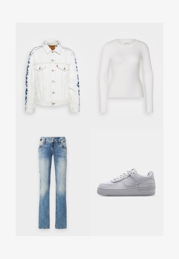 Weiße Jeansjacke mit blauen Batikakzenten an den Ärmeln, silbernen Knöpfen und gelben Nähten. Zwei Brusttaschen sind enthalten.; Weißes langärmliges Rippoberteil mit rundem Halsausschnitt. Der Stoff ist glatt, mit einer subtilen Textur und einer figurbetonten Passform. Keine sichtbaren Beschläge oder Muster.; Helleblaue Denim-Jeans mit geradem Bein, ausgestattet mit einem Fünf-Knopf-Verschluss, Fronttaschen und dezenten Ausbleichungen.; Graue Nike Air Force 1 Sneaker mit perforierter Zehenpartie, Obermaterial aus glattem Leder, dicker Sohle und geprägtem 'AIR'-Detail an der Ferse.