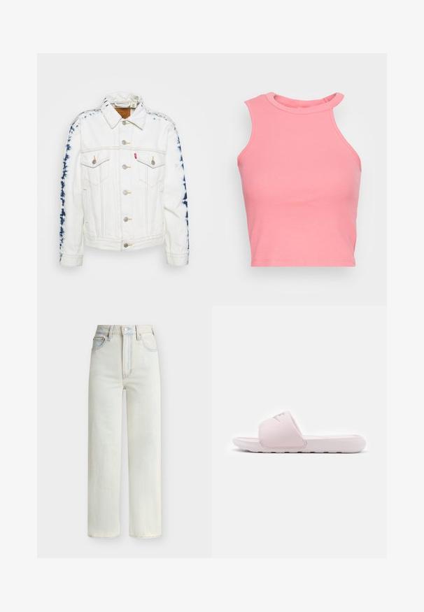 Chaqueta de mezclilla blanca con acentos de tie-dye azul en las mangas, con botones plateados y costuras amarillas. Incluye dos bolsillos en el pecho.; Top corto de canalé rosa sin mangas y con cuello alto; presenta una forma ajustada y bordes limpios. Textura suave, costuras visibles mínimas.; Vaqueros vaqueros de pierna recta y cintura alta en lavado azul claro con botón delantero, cremallera y diseño de cinco bolsillos.; Sandalia de slide rosa con una suela de goma flexible, tirante acolchado y diseño minimalista. Presenta un logo en la tira y textura suave.