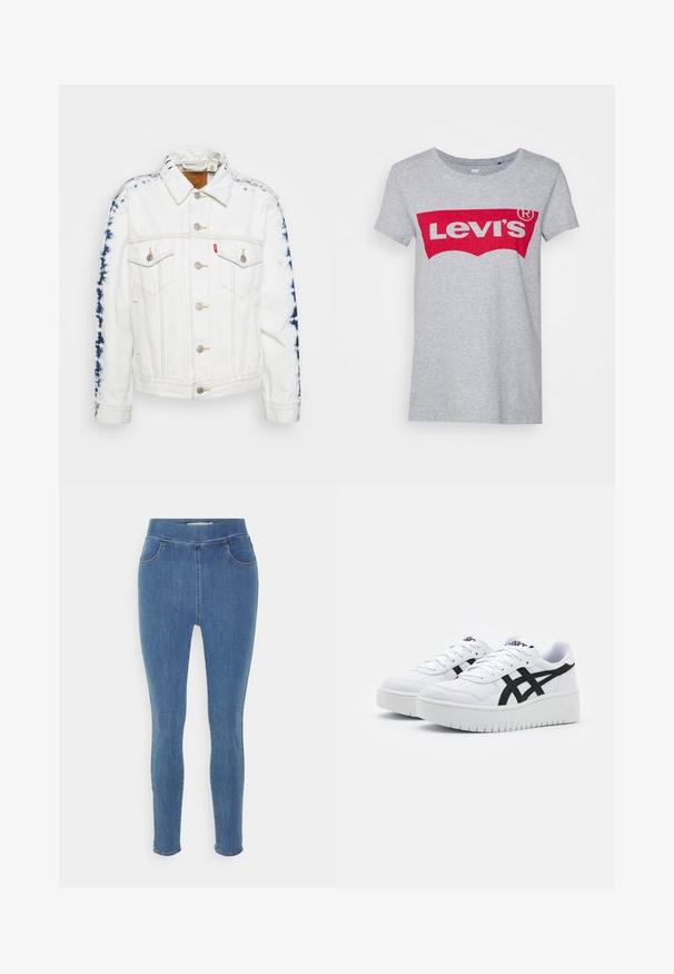 Weiße Jeansjacke mit blauen Batikakzenten an den Ärmeln, silbernen Knöpfen und gelben Nähten. Zwei Brusttaschen sind enthalten.; Grauer Baumwoll-T-Shirt mit einem großen roten Levi's-Logo über der Brust, klassischem Rundhals und kurzen Ärmeln.; Blaue Denim-Jeggings mit glatter Textur, hohem Bund, Fünf-Taschen-Design und schmal zulaufenden Beinen. Standardlänge mit einem schlichten Saum.; Weiße Sneaker mit einer strukturierten Oberfläche, schwarzen Seitenstreifen und einer dicken weißen Sohle. Verfügt über ein Schnürdesign und ein Logo auf der Zunge.