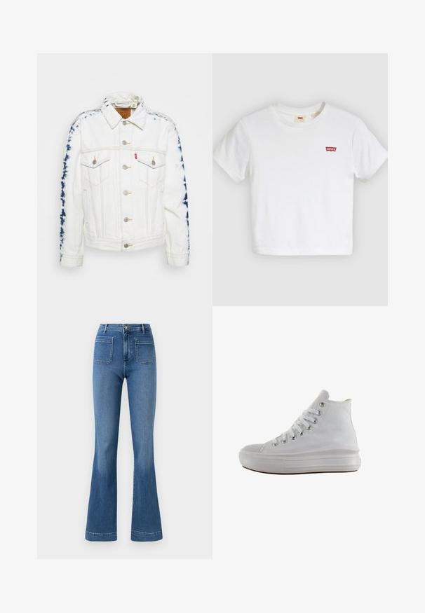 Witte denimjas met blauwe tie-dye accenten op de mouwen, voorzien van zilveren knopen en gele stiksels. Inclusief twee borstzakken.; Witte T-shirt met korte mouwen en ronde hals met klein rood Levi's-logo op de linkerborst.; Gelaste blauwe spijkerbroeken van denim met een middellange taille, voorzien van twee achterzakken en een schone zoom. Soepele textuur en klassiek ontwerp.; Witte hoge canvas sneaker met witte veters, metalen oogjes, dikke rubberen zool en gestructureerde neuskap, naar links gericht op een witte achtergrond.