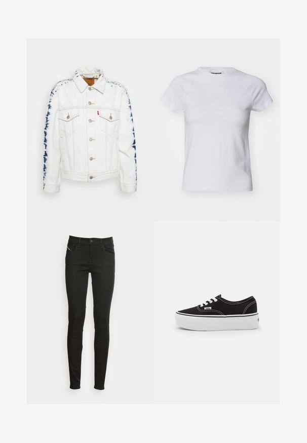 Hvid denimjakke med blå tie-dye detaljer på ærmerne, sølvknapper og gul syning. To brystlommer inkluderet.; Noisy May NMKATINKA - T-shirts basic - bright white; Sorte slim-fit jeans med frontlommer, bæltestropper, knaplukning og lynlås, præsenteret mod en hvid baggrund.; Sort lærred sneakers med en hvid gummi platform sål, der har hvide snørebånd og syninger, ikonisk branding på siden, lav-top design.
