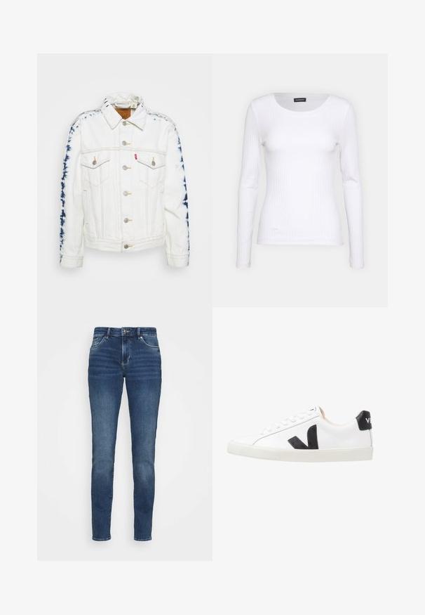 Chaqueta de mezclilla blanca con acentos de tie-dye azul en las mangas, con botones plateados y costuras amarillas. Incluye dos bolsillos en el pecho.; Top de manga larga blanco con cuello redondo. Fabricado en una tela elástica que se ajusta al cuerpo. Presenta sutiles líneas horizontales.; Jeans de mezclilla azul oscuro con un diseño ajustado, cinco bolsillos, desvanecimiento ligero en la parte frontal y herrajes metálicos en la cintura y los bolsillos.; Zapatilla blanca con un logo en V negro, con una parte superior de cuero liso, puntera redonda, cierre de cordones y una lengüeta en el talón de color negro en contraste.